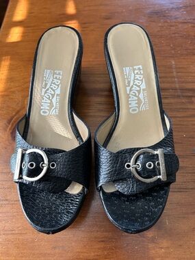Salvatore Ferragamo Black Leather Slide Mules with Silver Buckle